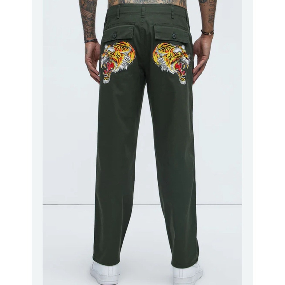 Ed Hardy Men's Screaming Tiger Straight Pants Utility Y2K Olive Size 32 NEW - Picture 8 of 8